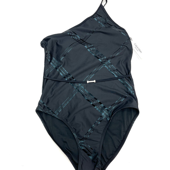 Calvin Klein JUMBO PLAID BLACK Belted One Shoulder One Piece Swimsuit 12 NWT - Picture 4 of 5